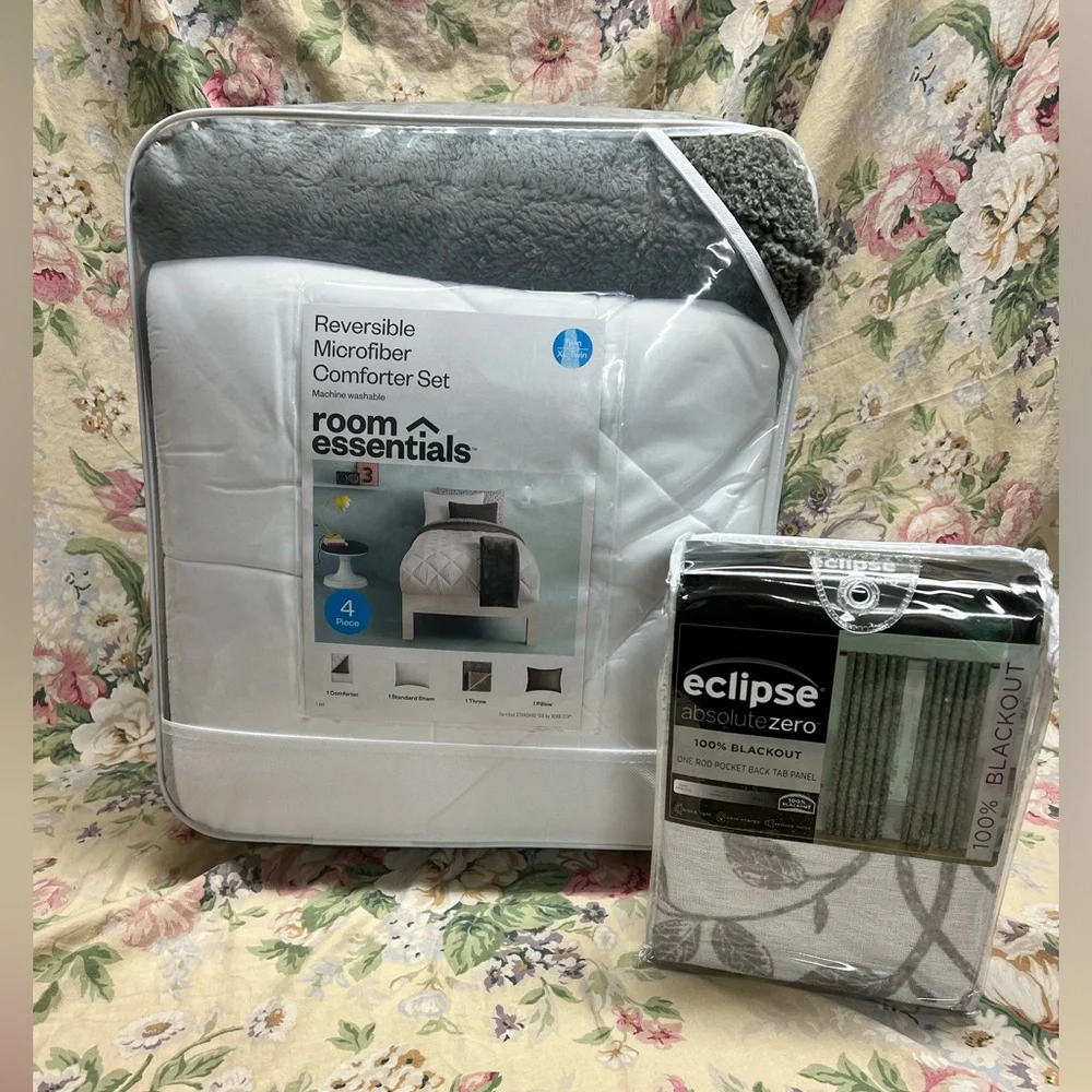 Reversible, comforter, sham, throw, pillow, black out curtains,